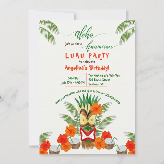 Invitación Fiesta Hawaiana Luau Tiki (Anverso)