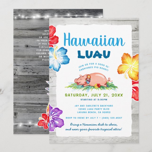 Invitación Fiesta Hawaiana Tropical | Asado de Cerdo Floral R (Anverso / Reverso)