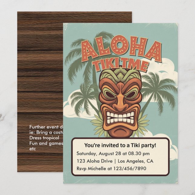 Invitación Fiesta Hawaiana Tropical Tiki (Anverso / Reverso)