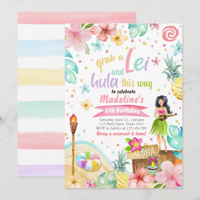 Invitación Fiesta hawaiano de cumpleaños de Luau invita a gru (Anverso / Reverso)