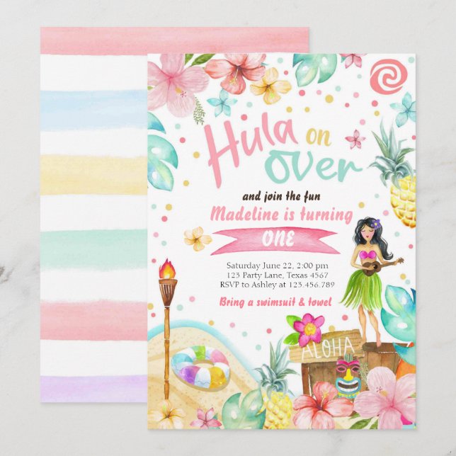 Invitación Fiesta hawaiano de cumpleaños de Luau invita a gru (Anverso / Reverso)