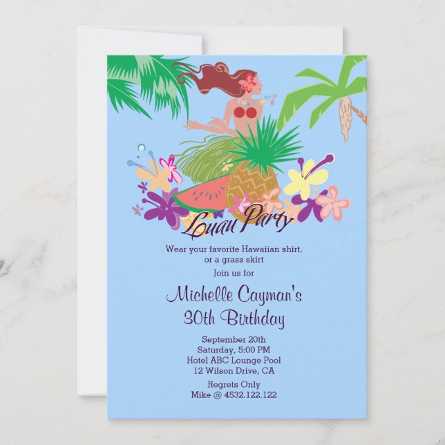 Invitación Fiesta hawaiano de Luau (Anverso)