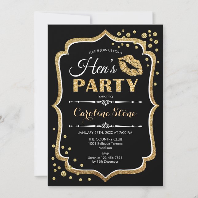 Invitación Fiesta Hens - Oro Negro (Anverso)