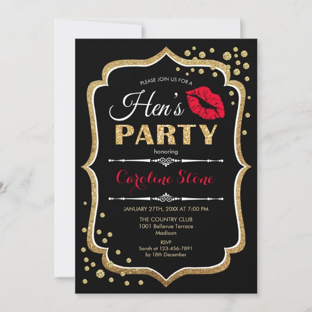 Invitación Fiesta Hens - Oro Rojo Negro (Anverso)