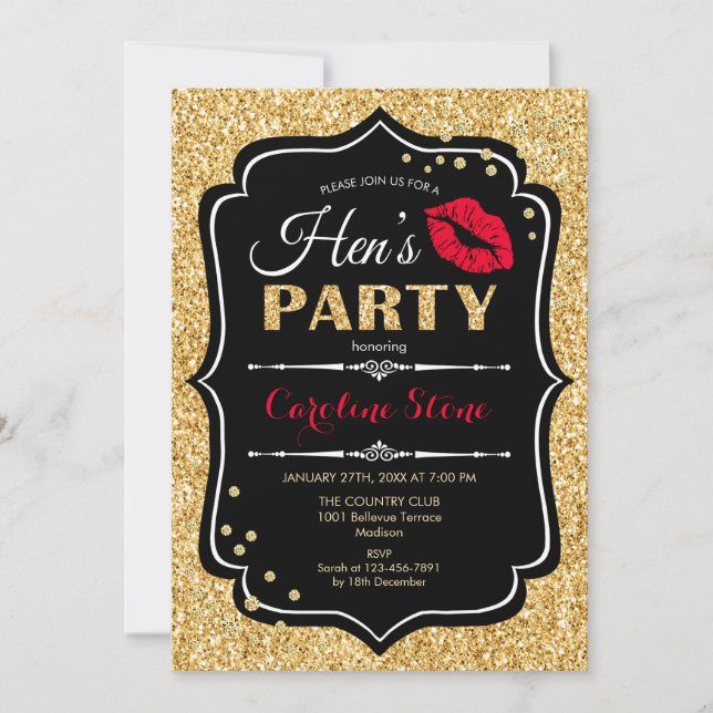 Invitación Fiesta Hens - Oro Rojo Negro (Anverso)