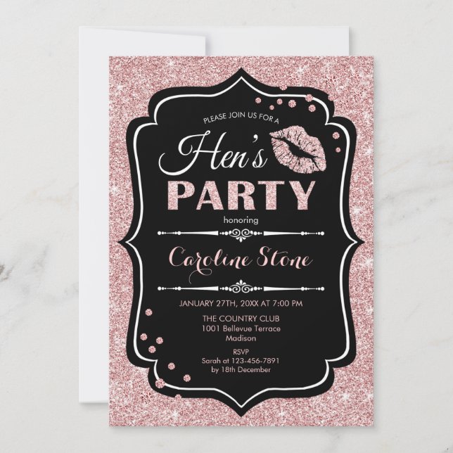 Invitación Fiesta Hens - Oro Rosa Negro (Anverso)