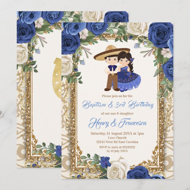 Invitación Fiesta Hermandad Floral Bautismo Azul y Cumpleaños (Anverso / Reverso)