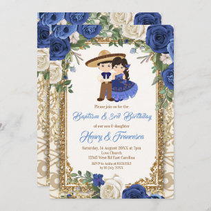 Invitación Fiesta Hermandad Floral Bautismo Azul y Cumpleaños