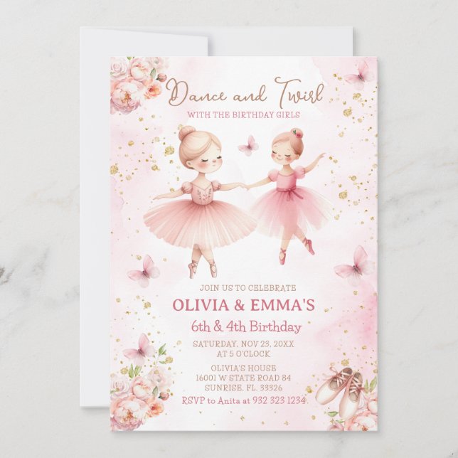 Invitación Fiesta hermano de Ballerina Rosa TuTu (Anverso)