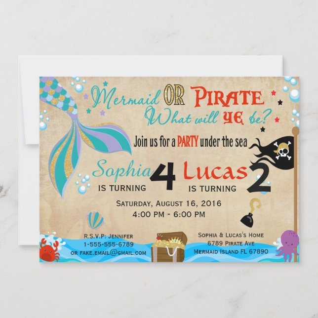 Invitación Fiesta Hermano y Hermana de Cumpleaños de Sirena y (Anverso)