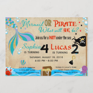 Invitación Fiesta Hermano y Hermana de Cumpleaños de Sirena y