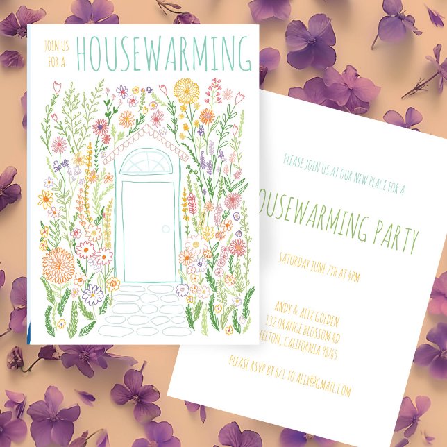 Invitación FIESTA  HOSTAL Doodle colorido (HOUSEWARMING PARTY Garden Door Colorful Doodle Invitation
)