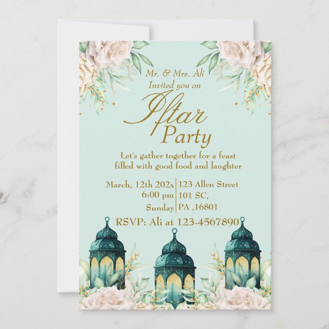 Invitación Fiesta Iftar de Ramadán de oro floral personalizad (Anverso)