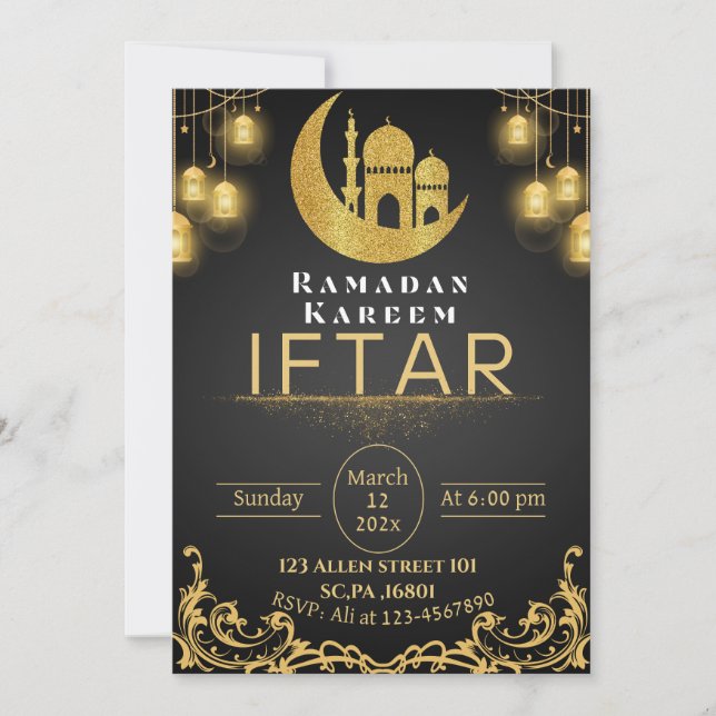 Invitación Fiesta Iftar de Ramadán Negro y Oro (Anverso)