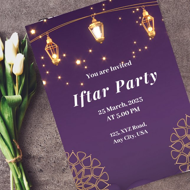 Invitación Fiesta Iftar moderno morado blanco y dorado (Subido por el creador)