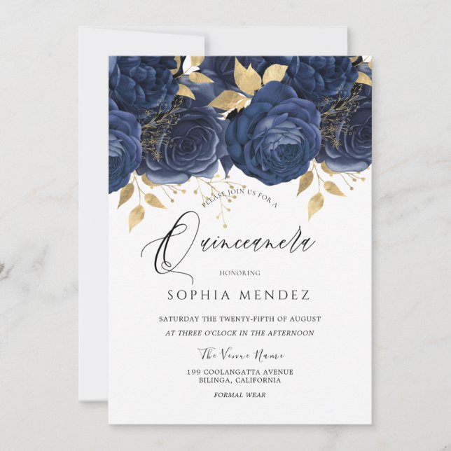 Invitación Fiesta Indigo Azul y Dorado Floral Quinceanera (Anverso)