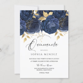 Invitación Fiesta Indigo Azul y Dorado Floral Quinceanera