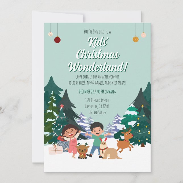Invitación Fiesta infantil Bosque Navideño Mágico  (Anverso)