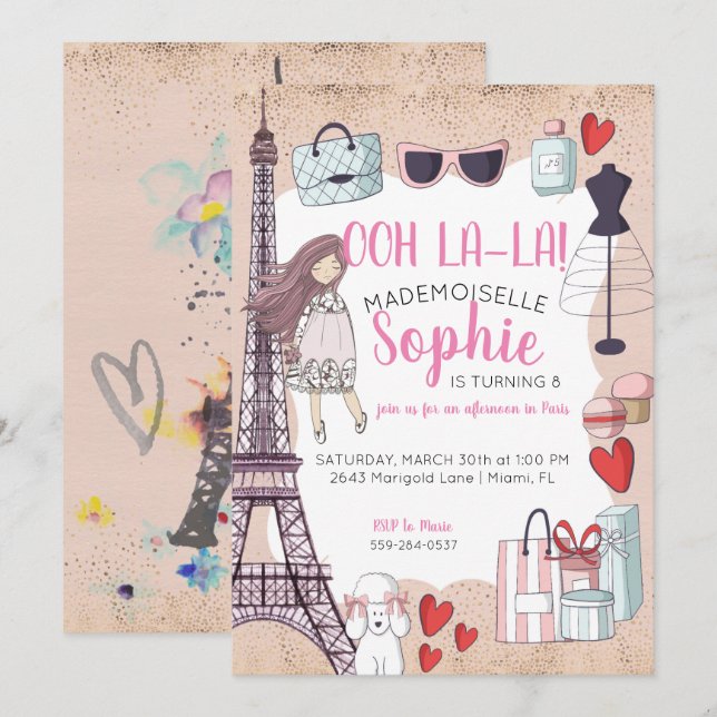 Invitación Fiesta infantil con tema de París (Anverso / Reverso)