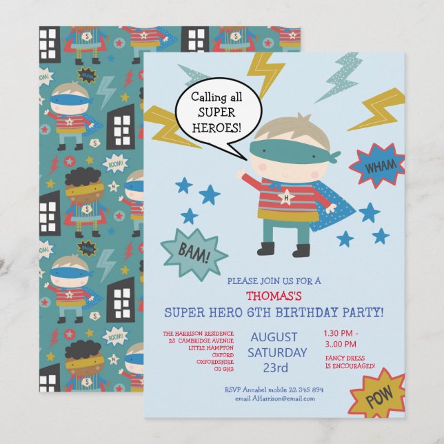 Invitación Fiesta infantil con tema de superhéroes adorable (Anverso / Reverso)