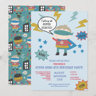 Invitación Fiesta infantil con tema de superhéroes adorable