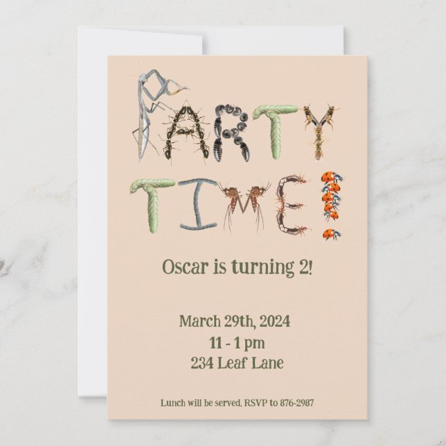Invitación Fiesta infantil con temática de bichos y insectos  (Anverso)