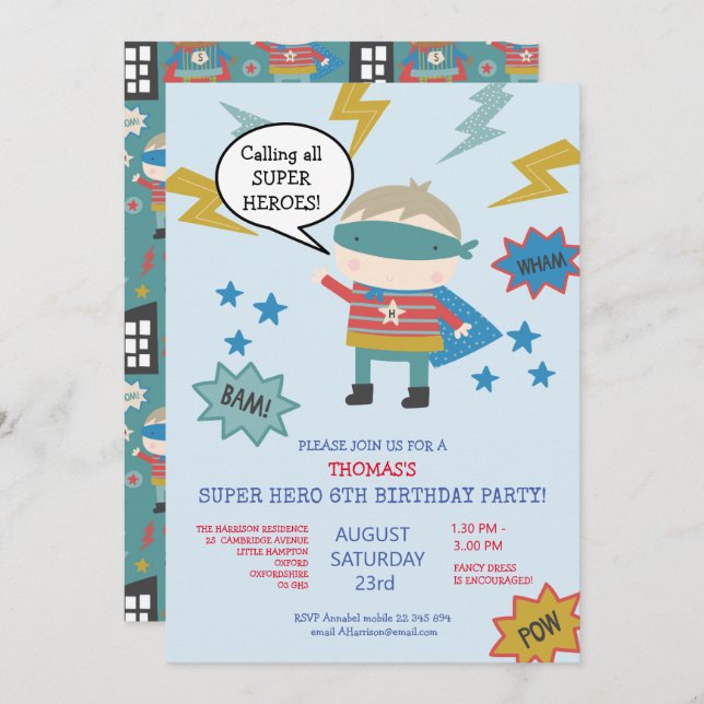 Invitación Fiesta Infantil Cute super héroe (Anverso / Reverso)
