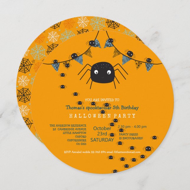 Invitación Fiesta infantil de araña corta (Anverso / Reverso)