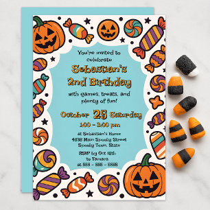 Invitación Fiesta infantil de Halloween Pastel Azul Retro Cal