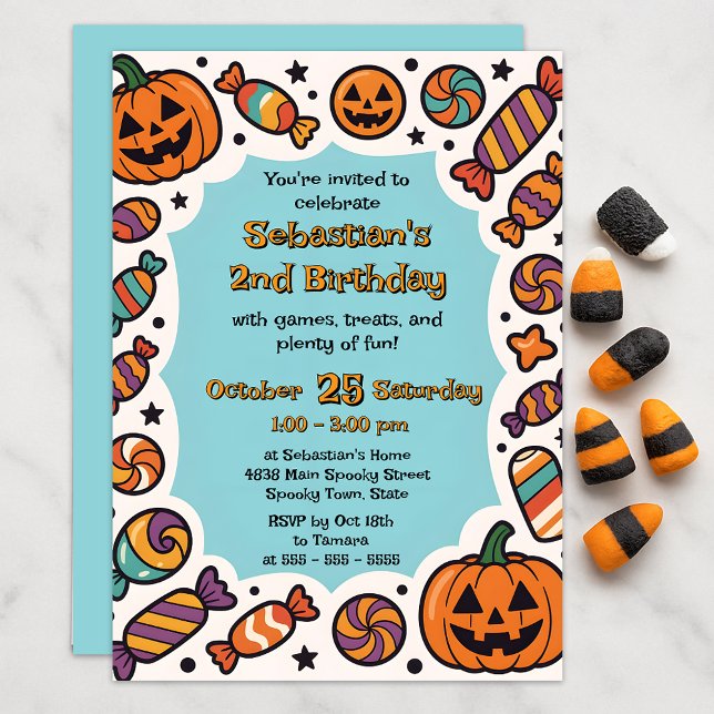 Invitación Fiesta infantil de Halloween Pastel Azul Retro Cal (Subido por el creador)