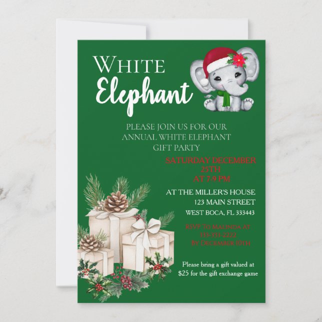 Invitación Fiesta infantil de Navidad elefante blanco moderno (Anverso)