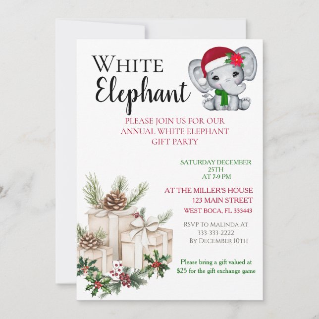 Invitación Fiesta infantil de Navidad elefante blanco moderno (Anverso)