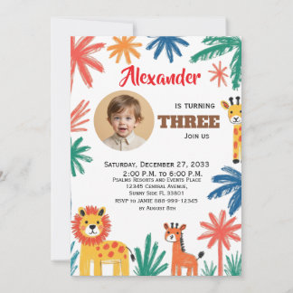 Invitación Fiesta Infantil Safari Acuarela Crayón Animales Ju