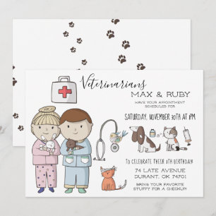 Invitación Fiesta Infantil Temática Veterinaria para Niños y 
