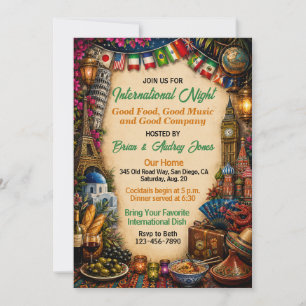 Invitación Fiesta Internacional Nocturna para Adultos Cena