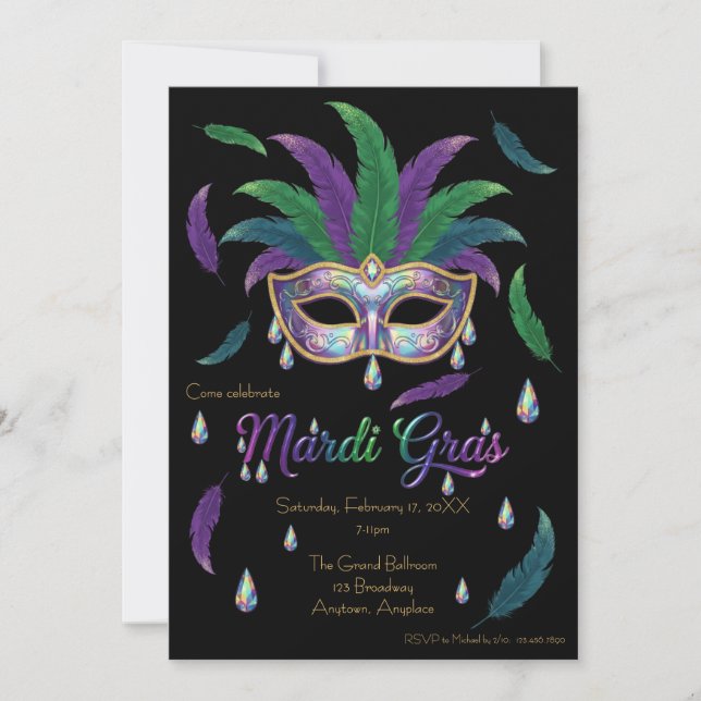Invitación Fiesta Iridescente de Mardi Gras (Anverso)