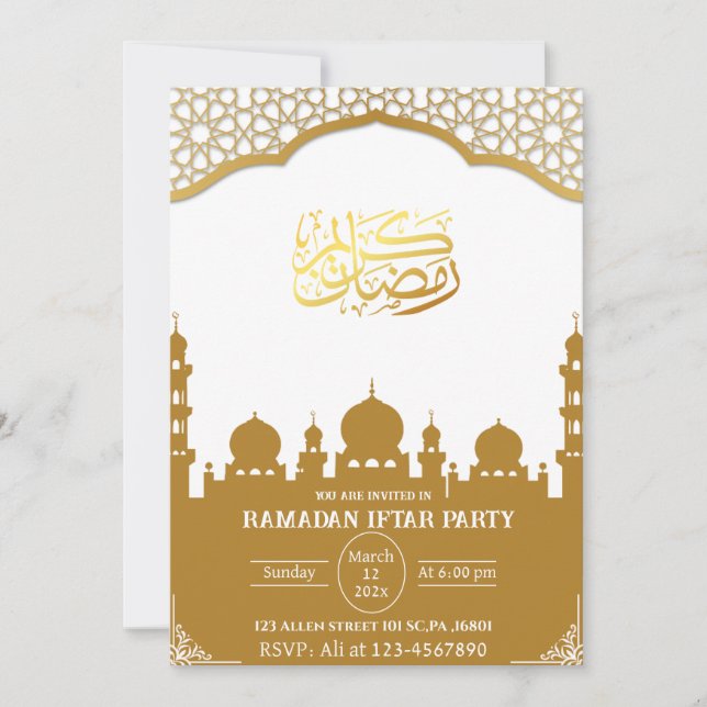 Invitación Fiesta islámico islámico de Ramadán blanco y oro (Anverso)