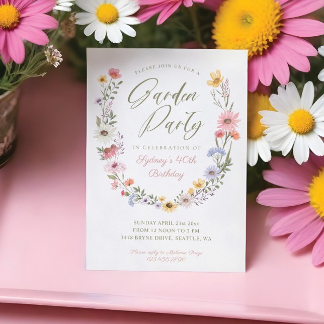 Invitación Fiesta Jardín Acuarela Flor silvestre Cumpleaños F (Garden Party Watercolor Wildflower Floral Birthday Invitation)