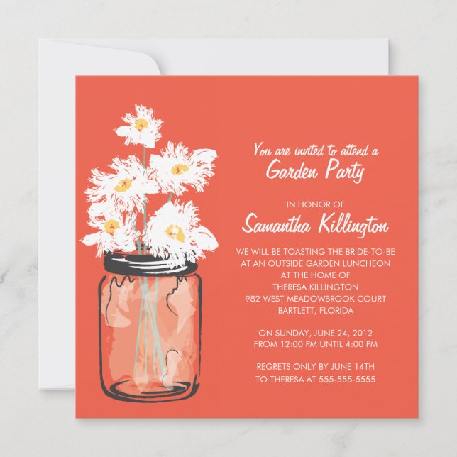 Invitación Fiesta Jardín Mason Jar & White Daisies (Anverso)