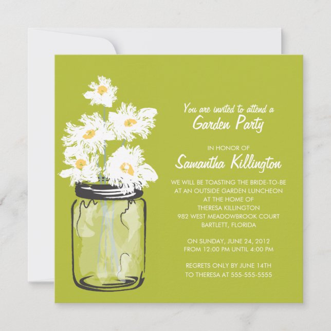 Invitación Fiesta Jardín Mason Jar & White Daisies (Anverso)