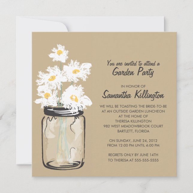 Invitación Fiesta Jardín Mason Jar & White Daisies (Anverso)