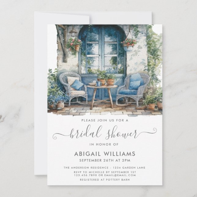 Invitación Fiesta Jardín Picnic Blue Pink Floral Bridal Showe (Anverso)
