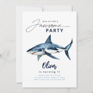Invitación Fiesta Jawsome Acuarela de Tiburón Azul Minimalist