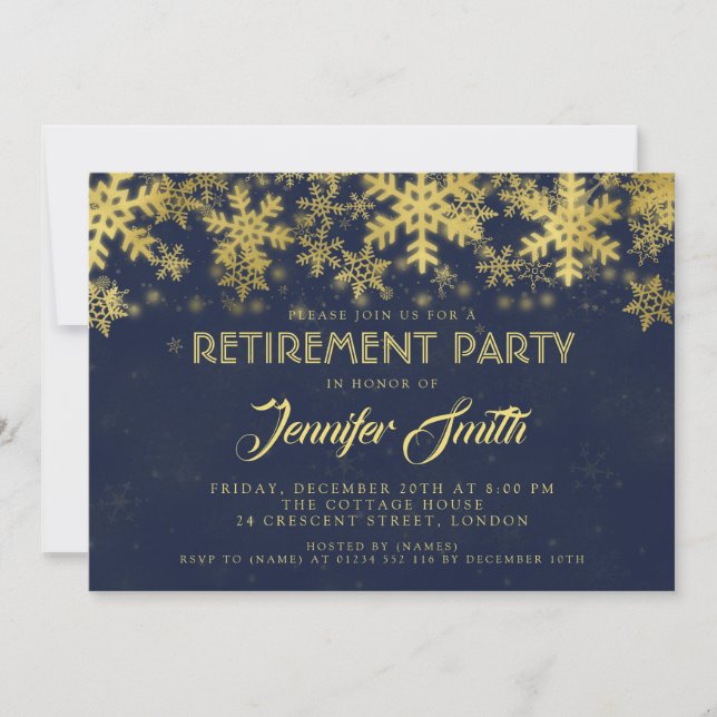 Invitación Fiesta jubilado Relieve metalizado dorado de nieve (Anverso)