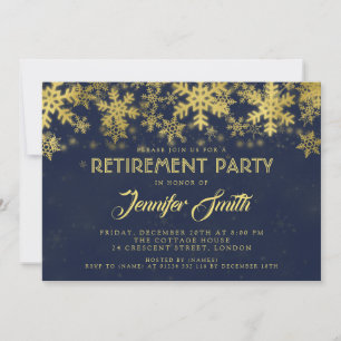 Invitación Fiesta jubilado Relieve metalizado dorado de nieve