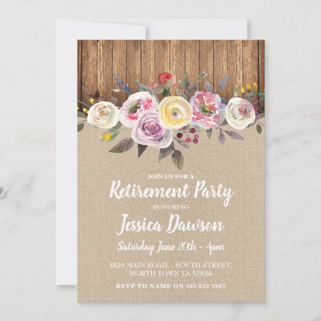 Invitación Fiesta jubilatorio Wood Burlap Floral Rustic Invit (Anverso)