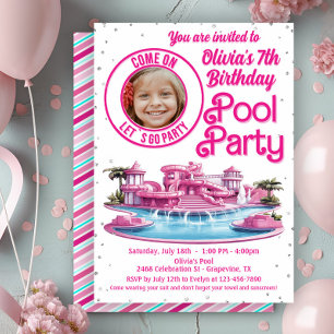 Invitación Fiesta junto a la piscina de muñecas Malibu rosada