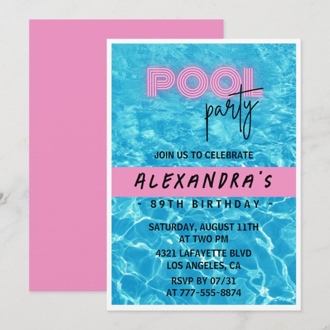 Invitación Fiesta junto a la piscina de verano rosa cumpleaño (Anverso / Reverso)