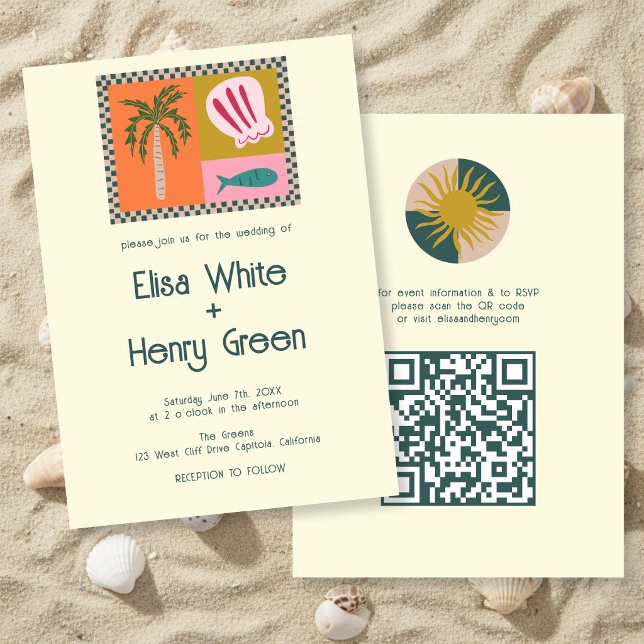 Invitación Fiesta junto al mar moderna y linda CÓDIGO QR PERS (Seaside Soiree Modern Cute CUSTOM QR Wedding Invitation
)