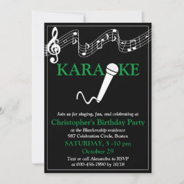 Invitación Fiesta Karaoke Micrófono a escala musical Verde